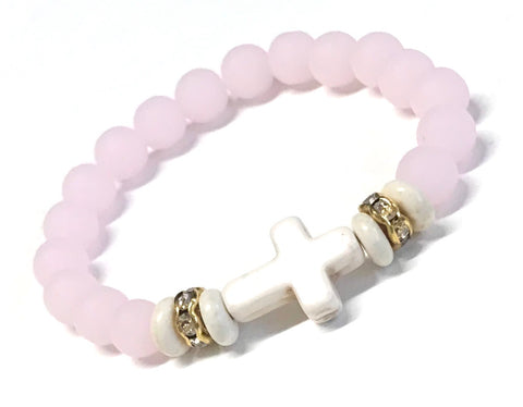 Pastel Pink Cross Bracelet - Pink Matte Glass and Magnesite -Stretch Bracelet