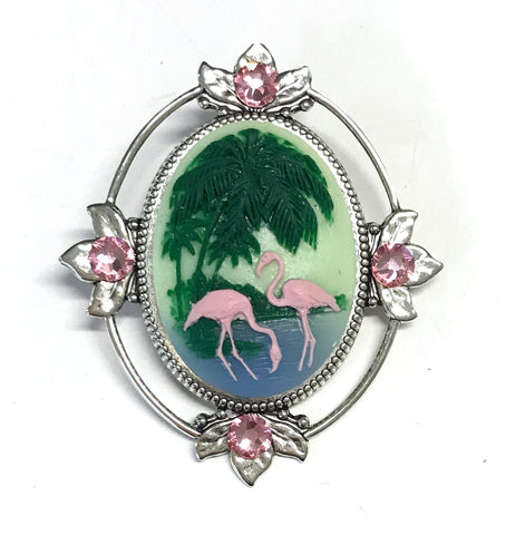 Flamingo and Palm Tree Cameo Brooch with Crystal Accents