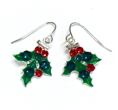Holly earrings for Christmas. accented with Swarovski crystals and sterling silver ear wires