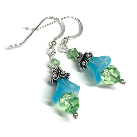 Peridot crystal and aqua opalescent glass bead earrings with sterling silver