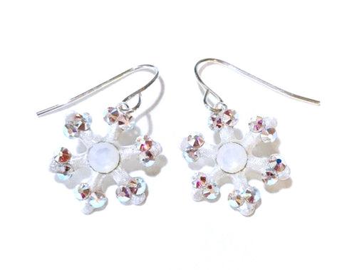 white snowflake earrings with crystal accents