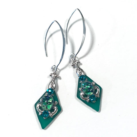 Green Stained Glass Earrings - Glass Opal - Sterling Silver Earwires