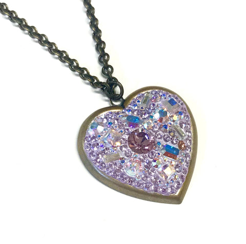 Crystal Heart Necklace - Antiqued Brass - Violet