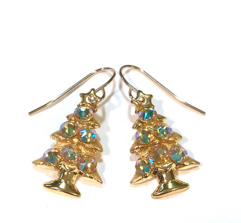 christmas tree earrings with gold color crystals