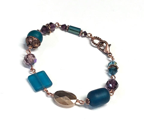 Hand linked teal and purple copper beaded bracelet