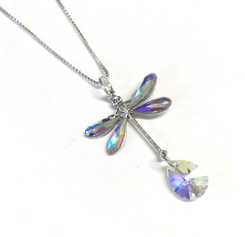 Dragonfly Necklace - Crystal AB - Sterling Silver Chain