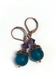 Teal Glass and Amethyst Crystal Copper Leverback Earrings