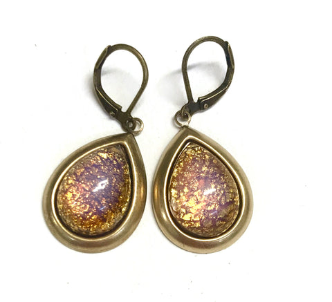 Brass Leverback Earrings with Vintage Topaz Glass Opal