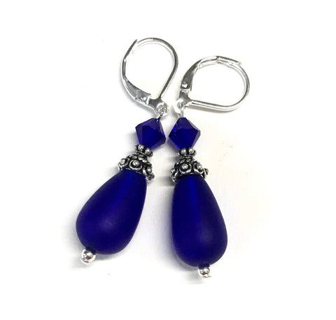 Cobalt Blue Earrings - Matte Glass Teardrops - Leverbacks