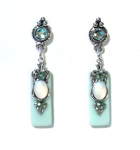 Mint Green Earrings - Crystal Post - Stained Glass