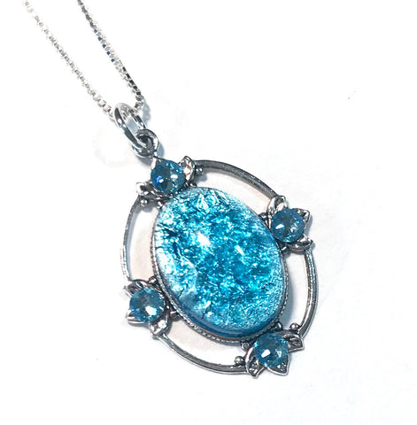 Aqua Glass Opal Necklace - Sterling Silver Chain