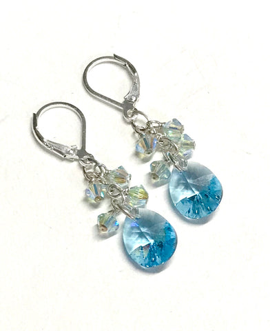 Aquamarine crystal cluster drop earrings with sterling silver leverbacks