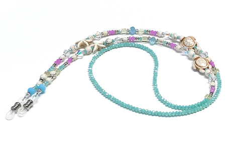 Beaded Eyeglass Chain or Holder - Starfish and Sea Turtle - Aqua with Pastels -