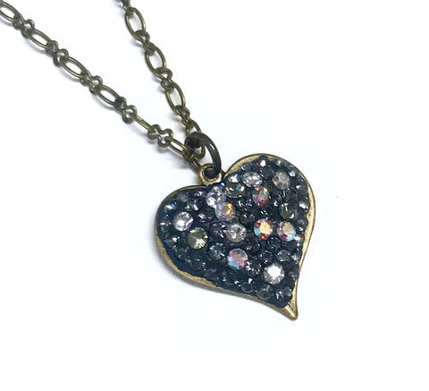 Heart Necklace - Pave’ Crystal - Antiqued Brass