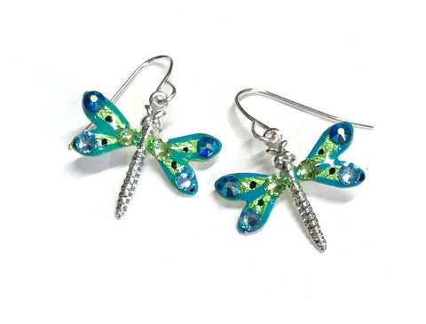 Dragonfly Earrings - Hand Painted - Aqua and Lime Green - Nature Jewelry