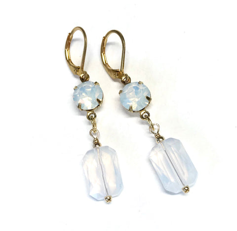 White Opal Crystal Leverback Earrings