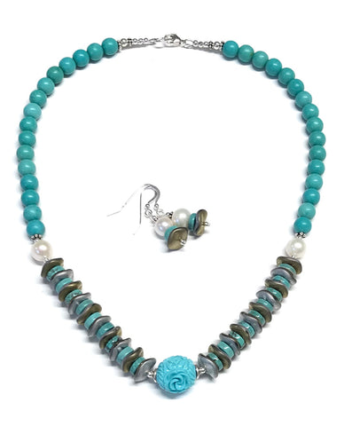 Summer Necklace Set- Turquoise Resin Flower Bead - Sterling Silver