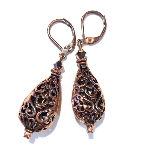Copper Filigree Teardrop Leverback Earrings - Hurstjewelry