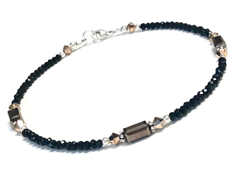 Black and bronze color ankle bracelet with rose gold crystal accents and sterling silver 