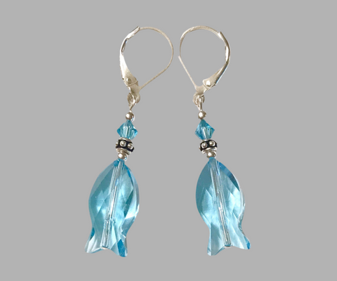 Aquamarine Crystal Fish Earrings - Leverback Earrings