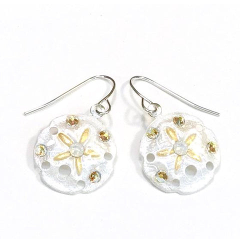 Sand Dollar Earrings - Hand Painted - White with Gold Accents