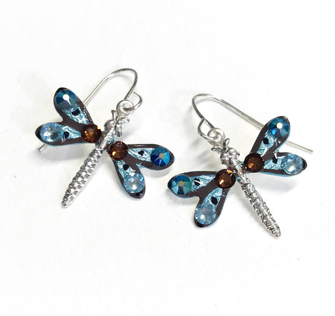 Dragonfly Earrings - Hand Painted - Aqua and Brown - Nature Jewelry