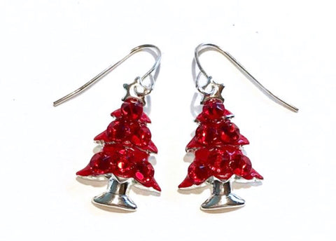 Red christmas tree earrings with coordinating sparkling crystals