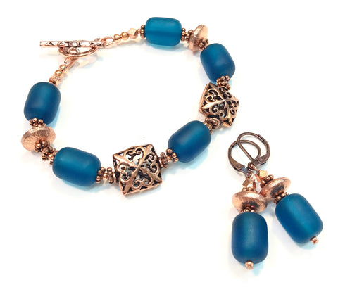 Teal Matte Glass and Copper Bracelet and Earrings Set - Hurstjewelry