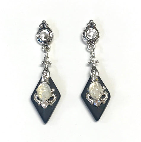 Black Glass Earrings - White Glass Opal - Crystal Post - Stained Glass