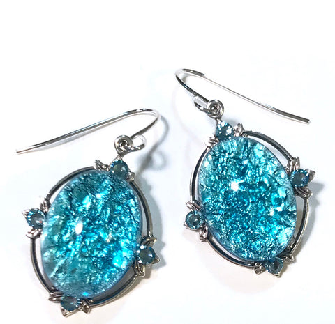 Aqua Glass Opal Earrings- Crystal Accents