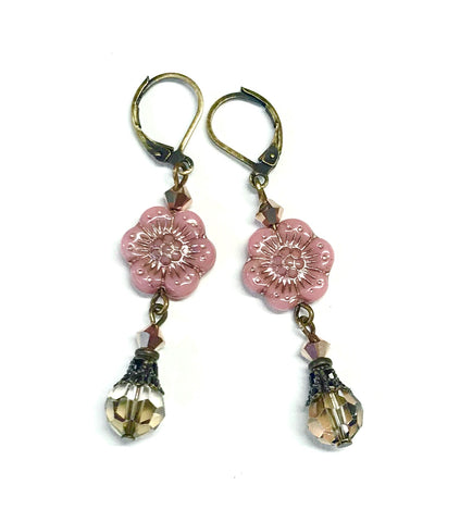 pink wild rose Czech glass flower beads with crystal dangles.  leverbacks