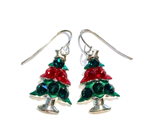 Red and green christmas tree earrings with coordinating crystal accents