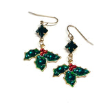 Christmas holly earrings in the colors of red and green with sparkling crystal accents