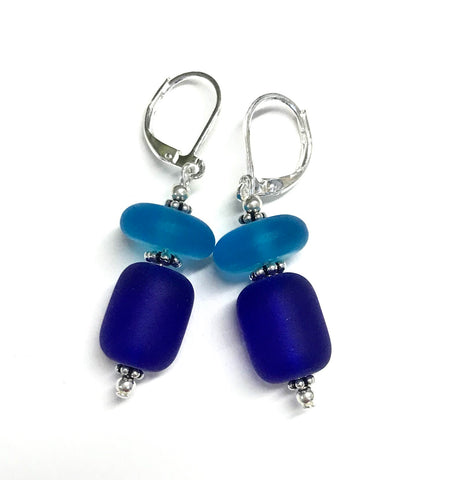 Matte Glass Leverback Earrings - Cobalt Blue and Aqua