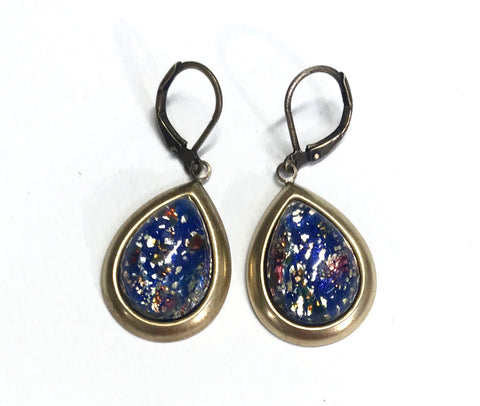 Brass Leverback Earrings with Vintage Blue Glass Opal