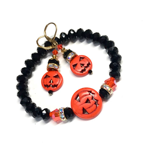 Halloween Bracelet and Earrings Set - Black and Orange - Jack-o-Lantern - Pumpkin Jewelry