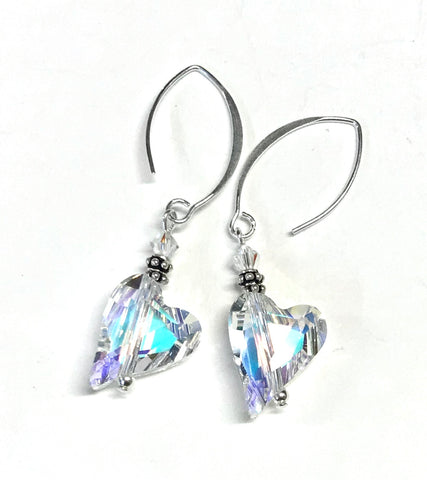 Valentines Gift - Crystal Heart Earrings - Sterling Silver - Crystal AB