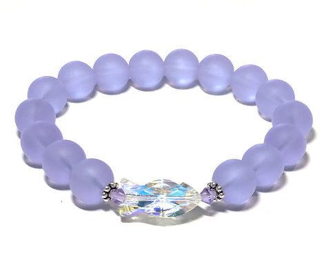 Crystal Fish and Violet Matte Glass Stretch Bracelet