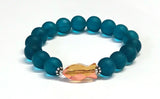 Crystal Fish and Teal Matte Glass Stretch Bracelet