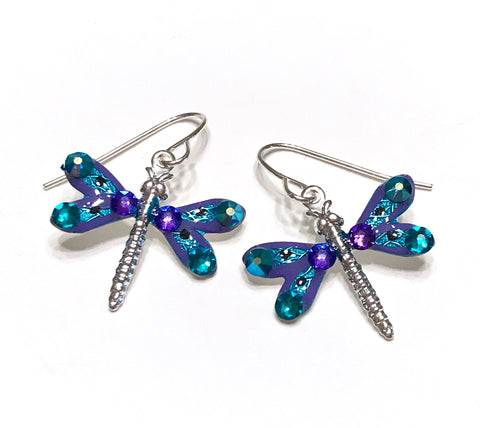 Dragonfly Earrings - Hand Painted - Purple and Teal - Nature Jewelry - Hurstjewelry