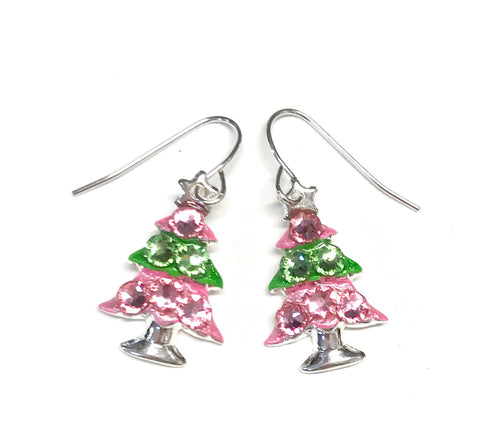 pink and green christmas tree earrings with sparkling crystals