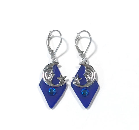 Moon and Star Earrings - Blue Glass - Sterling Silver Leverbacks