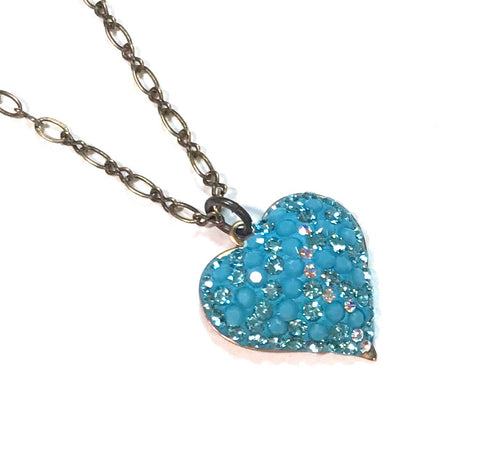 Heart Necklace - Pave’ Crystal - Antiqued Brass
