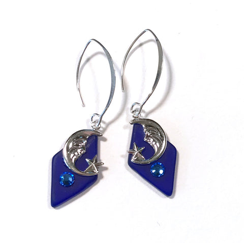 Moon and Star Earrings - Blue Glass - Sterling Silver Earwires