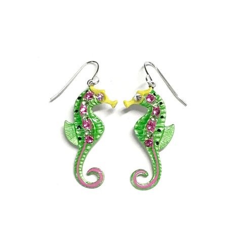 Hand painted seshorse earrings in the colors of citrus green and bright pink