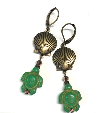 Shell and Turtle Earrings Green Magnesite