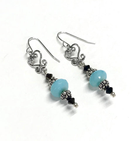 Aqua Opalescent Glass and Jet Nut Crystal Earrings - Filigree - Sterling Silver - Aqua and Brown