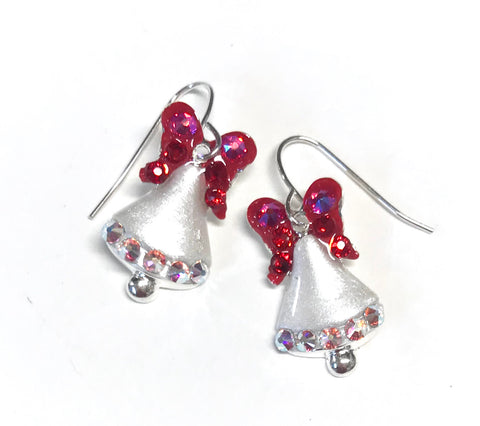 christmas bell earrings in white with red bows. Accented with Swarovski crystals 