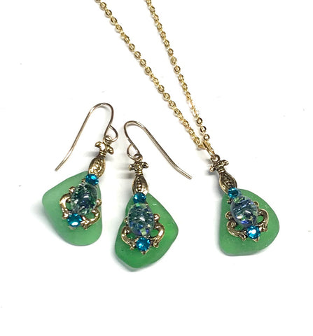 Green Sea Glass Earrings and Necklace Set
