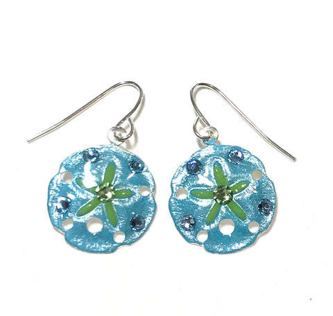 Sand Dollar Earrings - Hand Painted - Aqua and Lime